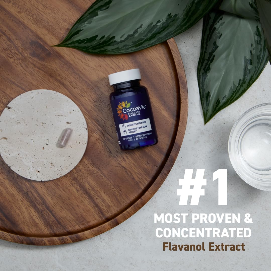 CocoaVia Memory & Focus Brain Supplement, 30 Day, Cocoa Flavanol Blend, Lutein, Added Caffeine for Boost. Improve Cognitive Function, Attention, Vegan & Plant Based, 30 Capsules - FENGGESTORE20