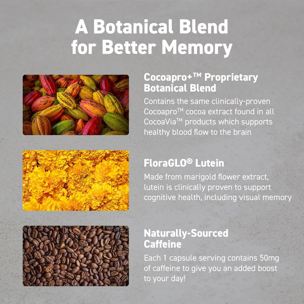 CocoaVia Memory & Focus Brain Supplement, 30 Day, Cocoa Flavanol Blend, Lutein, Added Caffeine for Boost. Improve Cognitive Function, Attention, Vegan & Plant Based, 30 Capsules - FENGGESTORE20