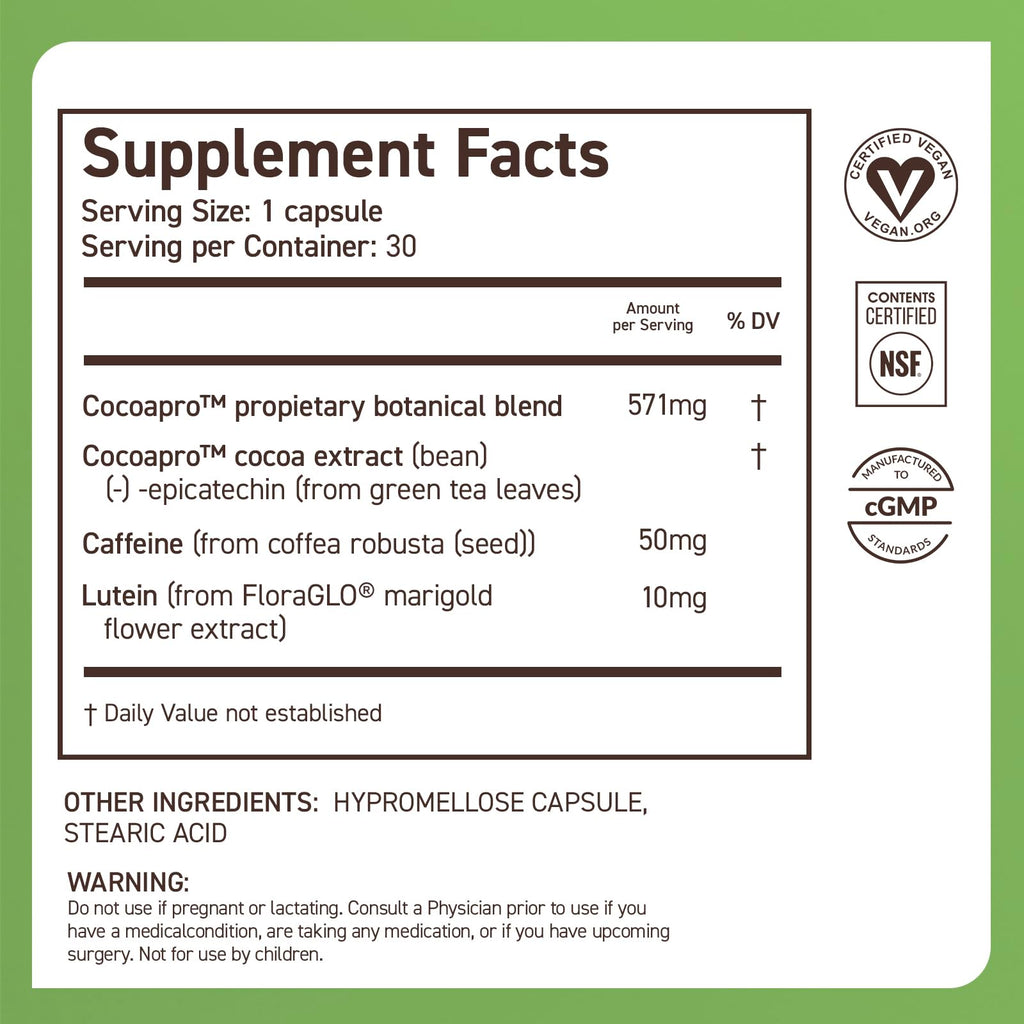 CocoaVia Memory & Focus Brain Supplement, 30 Day, Cocoa Flavanol Blend, Lutein, Added Caffeine for Boost. Improve Cognitive Function, Attention, Vegan & Plant Based, 30 Capsules - FENGGESTORE20