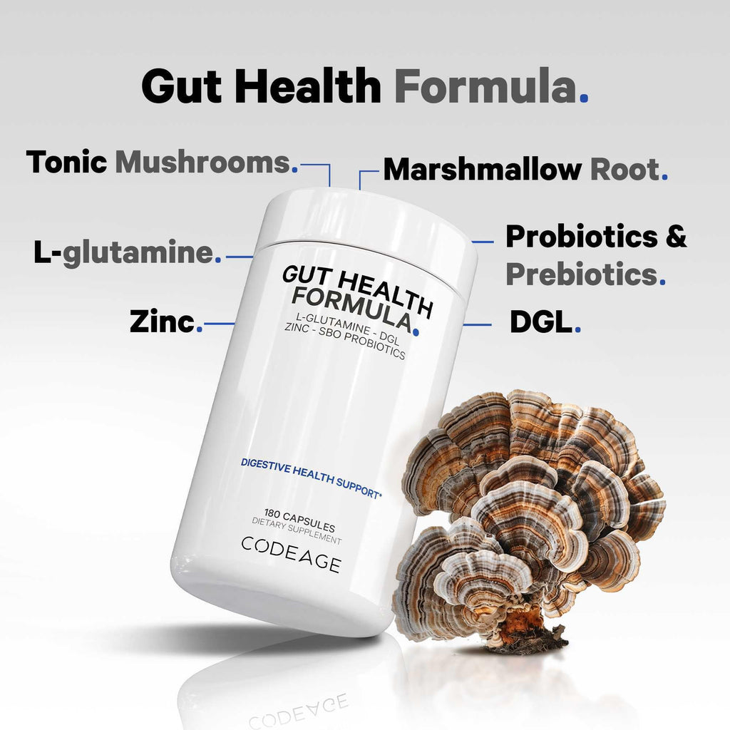 Codeage Gut Health Supplements Vegan Formula - L Glutamine, Zinc, Turkey Tail Mushroom Powder, Tonic Mushroom, Maitake, Micro Algae, Mineral, Licorice Root DGL - Probiotics, Prebiotics - 180 Capsules - FENGGESTORE20