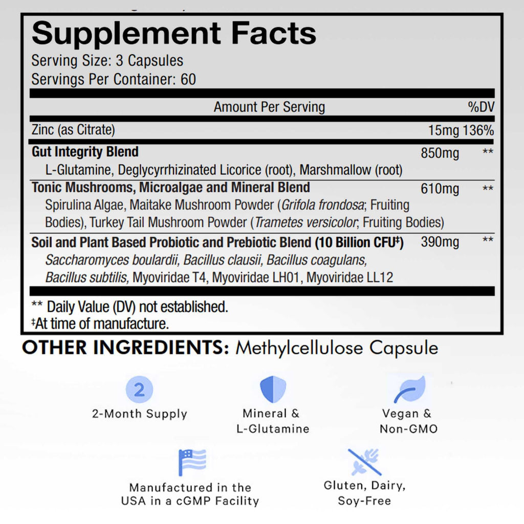 Codeage Gut Health Supplements Vegan Formula - L Glutamine, Zinc, Turkey Tail Mushroom Powder, Tonic Mushroom, Maitake, Micro Algae, Mineral, Licorice Root DGL - Probiotics, Prebiotics - 180 Capsules - FENGGESTORE20