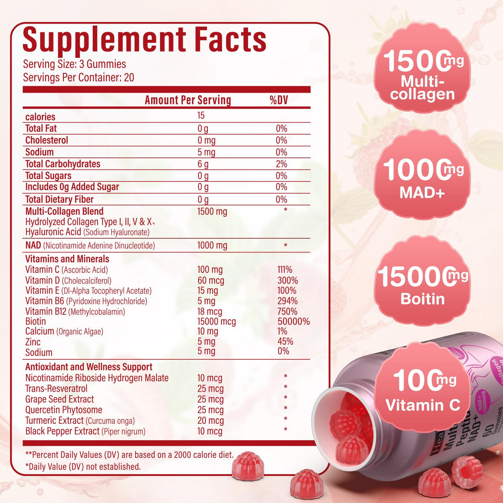 Collagen Gummies-Collagen for Women Men with 1500 mg Collagen Peptides Type I,II,III,V,X, 1000mg NAD, 15000 mcg Biotin, Daily Collagen Supplement Protein Gummies for Hair Skin Nails, Sugar Free - FENGGESTORE20