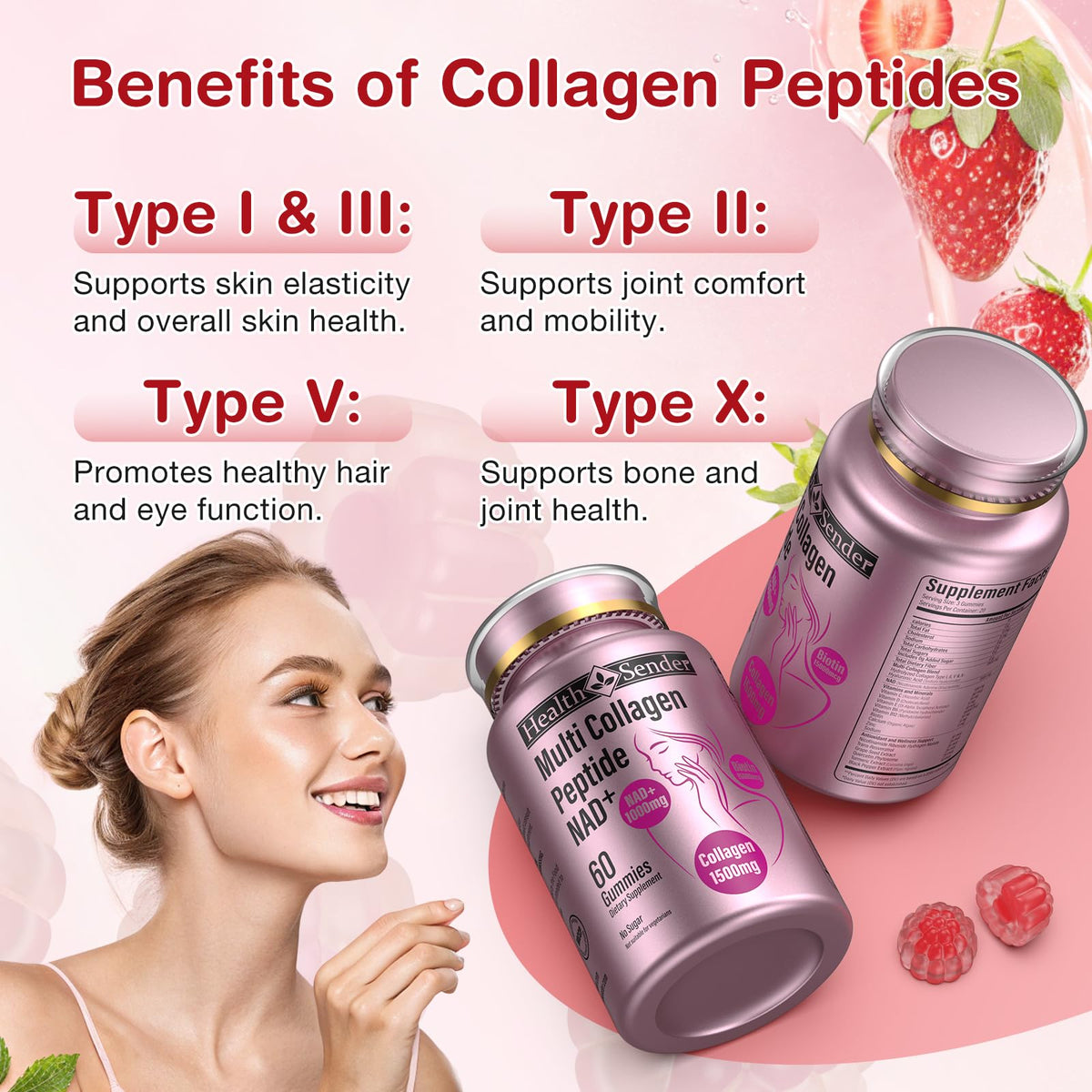 Collagen Gummies-Collagen for Women Men with 1500 mg Collagen Peptides Type I,II,III,V,X, 1000mg NAD, 15000 mcg Biotin, Daily Collagen Supplement Protein Gummies for Hair Skin Nails, Sugar Free - FENGGESTORE20