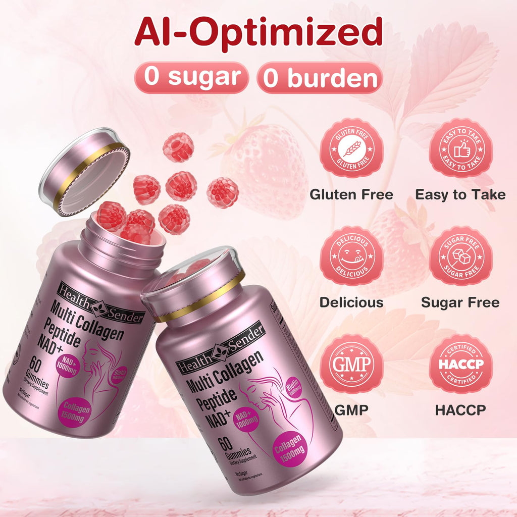 Collagen Gummies-Collagen for Women Men with 1500 mg Collagen Peptides Type I,II,III,V,X, 1000mg NAD, 15000 mcg Biotin, Daily Collagen Supplement Protein Gummies for Hair Skin Nails, Sugar Free - FENGGESTORE20