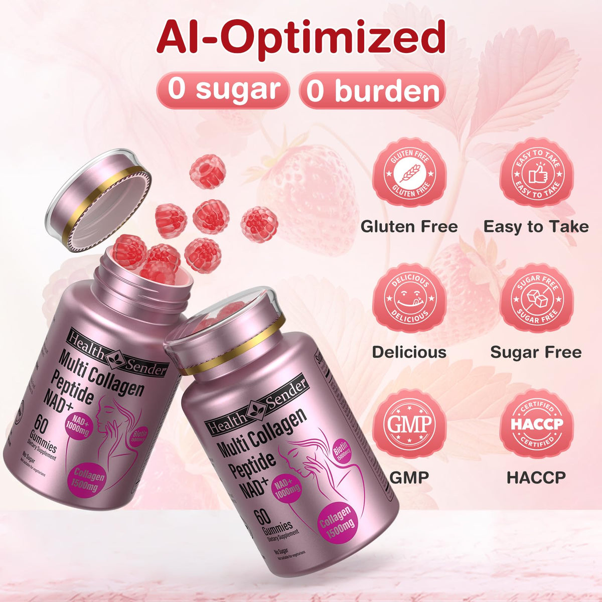 Collagen Gummies-Collagen for Women Men with 1500 mg Collagen Peptides Type I,II,III,V,X, 1000mg NAD, 15000 mcg Biotin, Daily Collagen Supplement Protein Gummies for Hair Skin Nails, Sugar Free - FENGGESTORE20