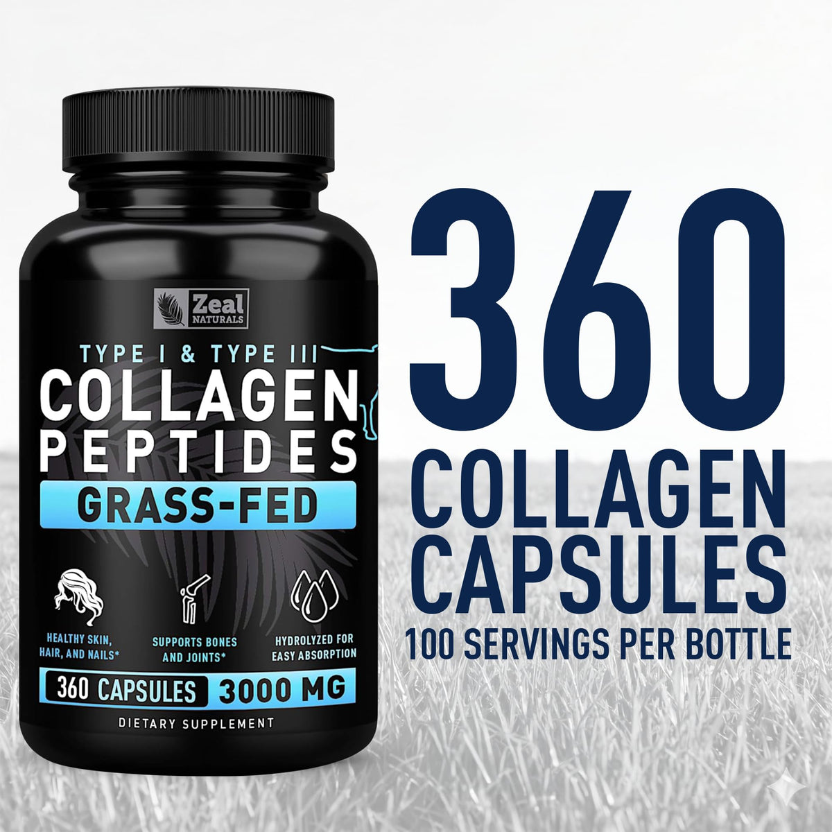 Collagen Peptides Capsules 360 Count - Grass Fed Bovine Hydrolyzed Collagen Pills - Hair, Skin & Nails, Joint Support - Collagen Supplements for Women & Men - FENGGESTORE20