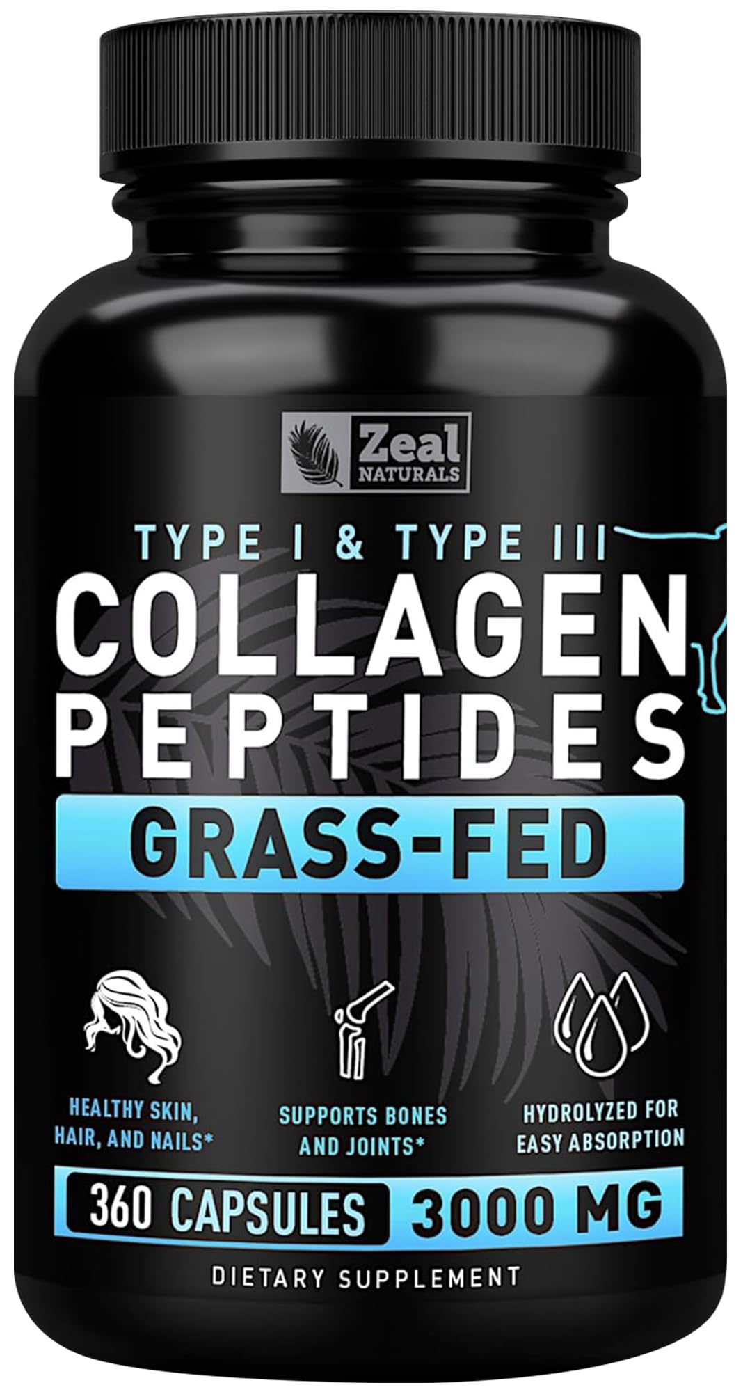 Collagen Peptides Capsules 360 Count - Grass Fed Bovine Hydrolyzed Collagen Pills - Hair, Skin & Nails, Joint Support - Collagen Supplements for Women & Men - FENGGESTORE20