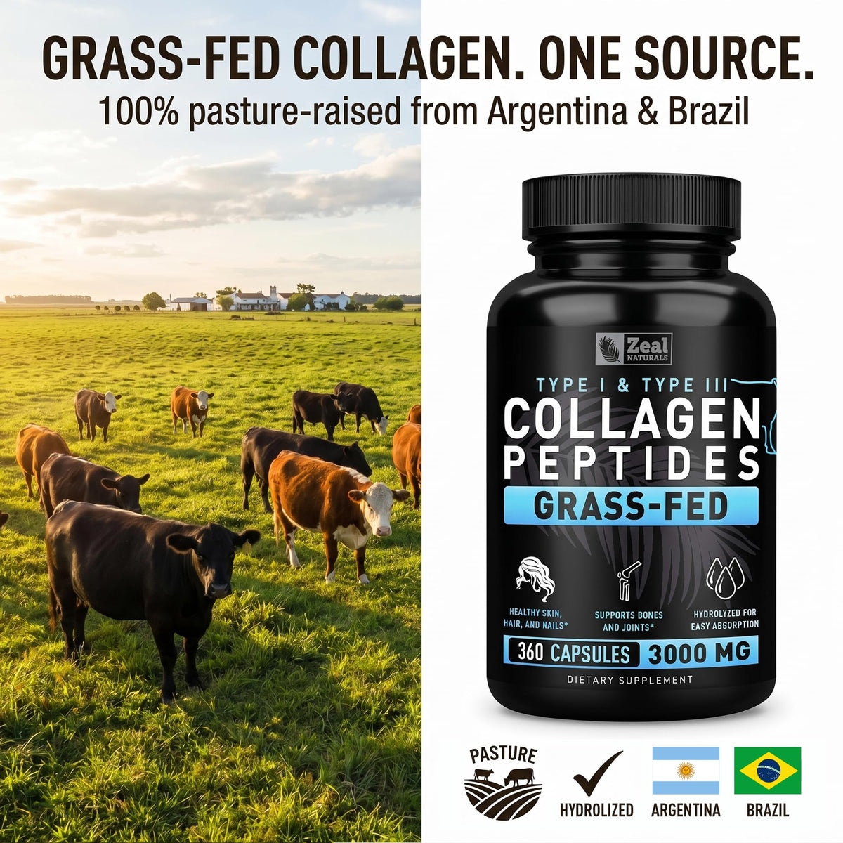 Collagen Peptides Capsules 360 Count - Grass Fed Bovine Hydrolyzed Collagen Pills - Hair, Skin & Nails, Joint Support - Collagen Supplements for Women & Men - FENGGESTORE20