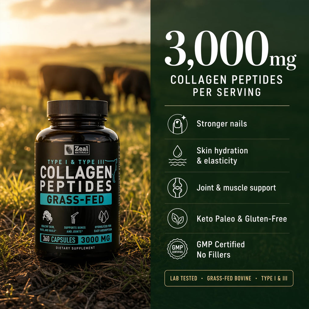 Collagen Peptides Capsules 360 Count - Grass Fed Bovine Hydrolyzed Collagen Pills - Hair, Skin & Nails, Joint Support - Collagen Supplements for Women & Men - FENGGESTORE20