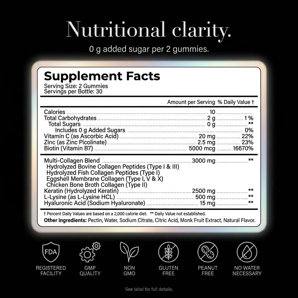 Collagen Peptides Gummies Sugar Free 3000mg Multi Collagen Blend for Hair Skin & Nails Support + 2500mg Keratin + 5000mcg Biotin, Hyaluronic Acid, - FENGGESTORE20