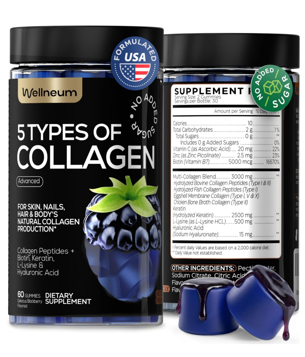 Collagen Peptides Gummies Sugar Free 3000mg Multi Collagen Blend for Hair Skin & Nails Support + 2500mg Keratin + 5000mcg Biotin, Hyaluronic Acid, - FENGGESTORE20