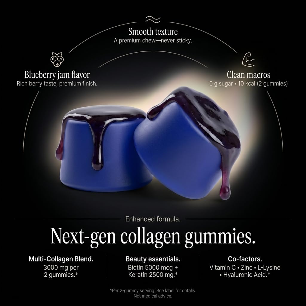 Collagen Peptides Gummies Sugar Free 3000mg Multi Collagen Blend for Hair Skin & Nails Support + 2500mg Keratin + 5000mcg Biotin, Hyaluronic Acid, - FENGGESTORE20