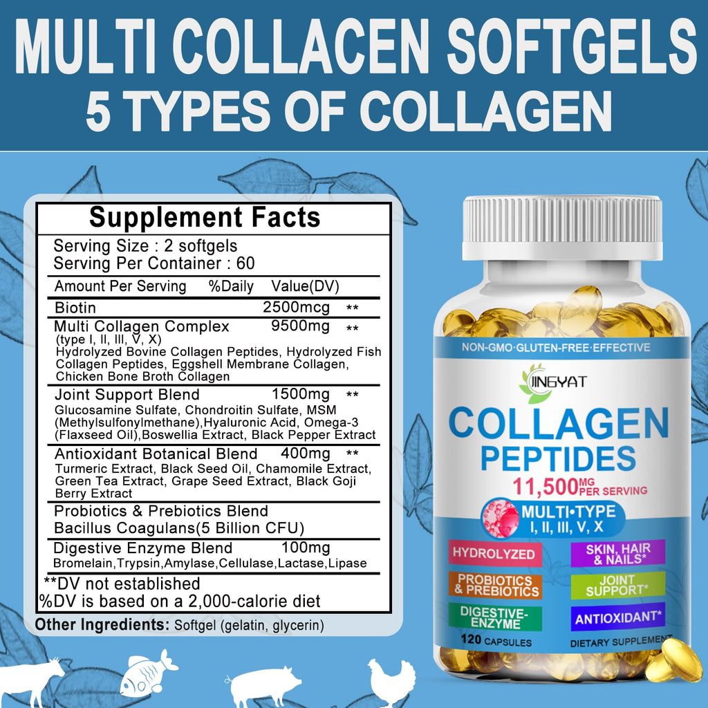 Collagen Peptides Softgels, Multi Collagen Peptide w/ Glucosamine Chondroitin MSM Biotin, Hydrolyzed Collagen Peptides Complex for Women Supports Skin Hair - FENGGESTORE20