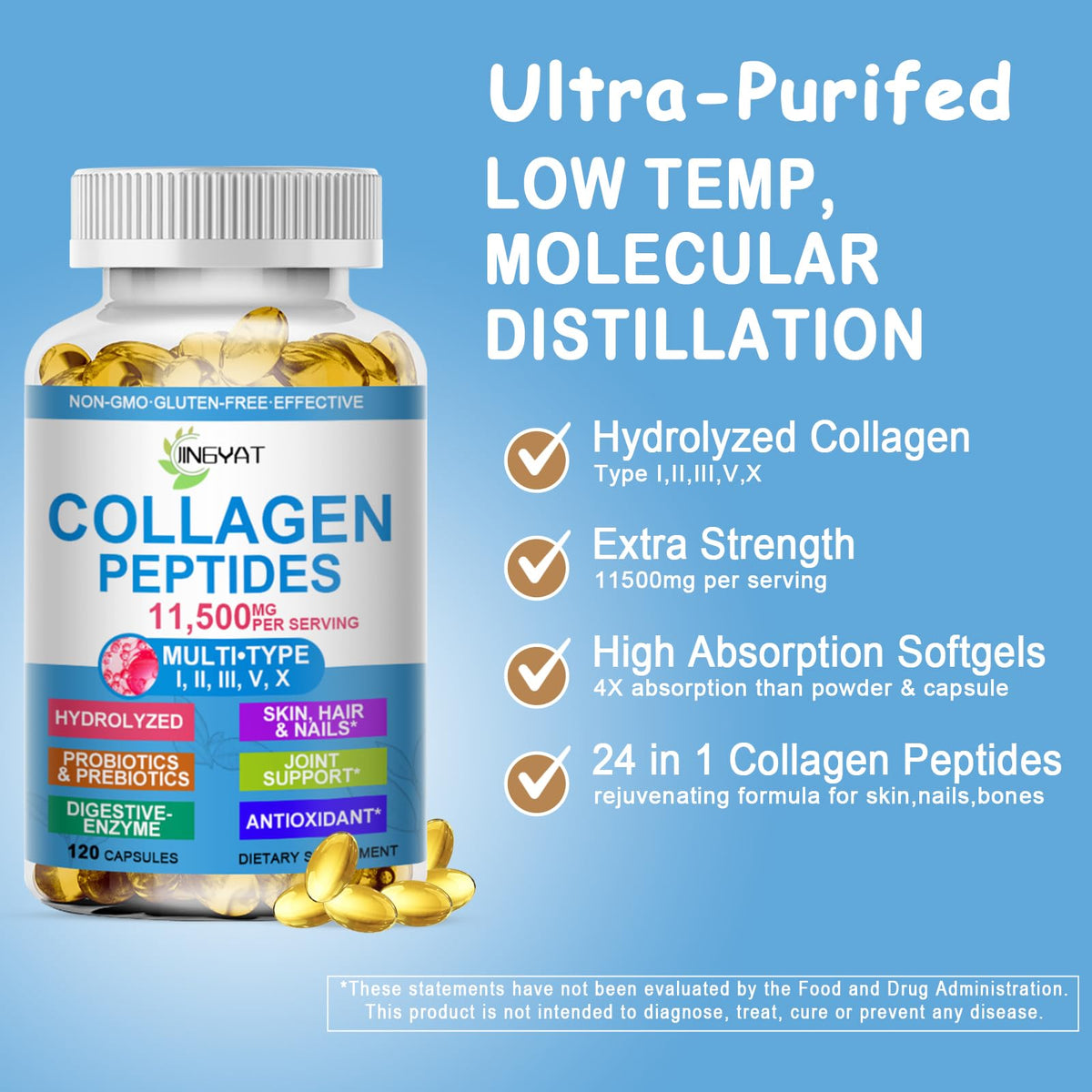 Collagen Peptides Softgels, Multi Collagen Peptide w/ Glucosamine Chondroitin MSM Biotin, Hydrolyzed Collagen Peptides Complex for Women Supports Skin Hair - FENGGESTORE20
