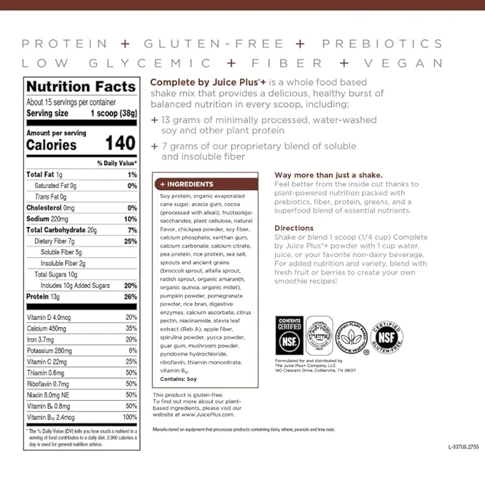Complete by JuicePlus+ Dutch Chocolate Shakes - Plant-Based Nutrition - Whole Food Based Shake Powder with Protein, Fiber & Prebiotics - 30 Servings (2 Pouches, 15 Servings Each) - FENGGESTORE20
