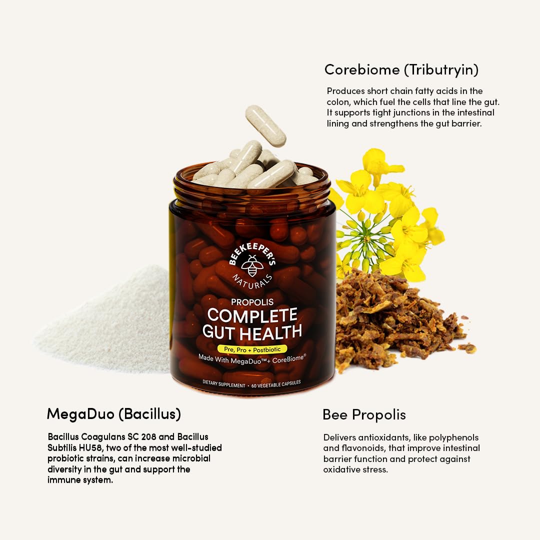 Complete Gut Health by Beekeeper's Naturals, 3-in-1 Prebiotic, Postbiotic, Probiotics for Digestive Health & Bloating Relief for Women & Men - FENGGESTORE20