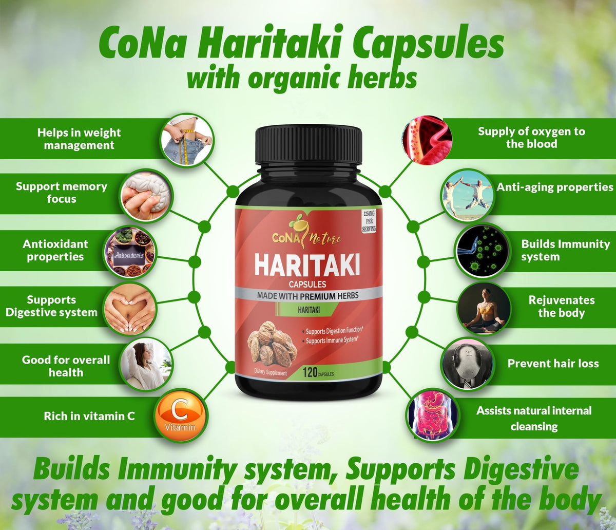 Cona Nature Organic India Haritaki Capsules 2250MG, Rejuvenation, Improving Digestion, Maintains Regularity | Non-GMO Vegan Gluten-Free Herbs and Supplements, 120 Caps - FENGGESTORE20