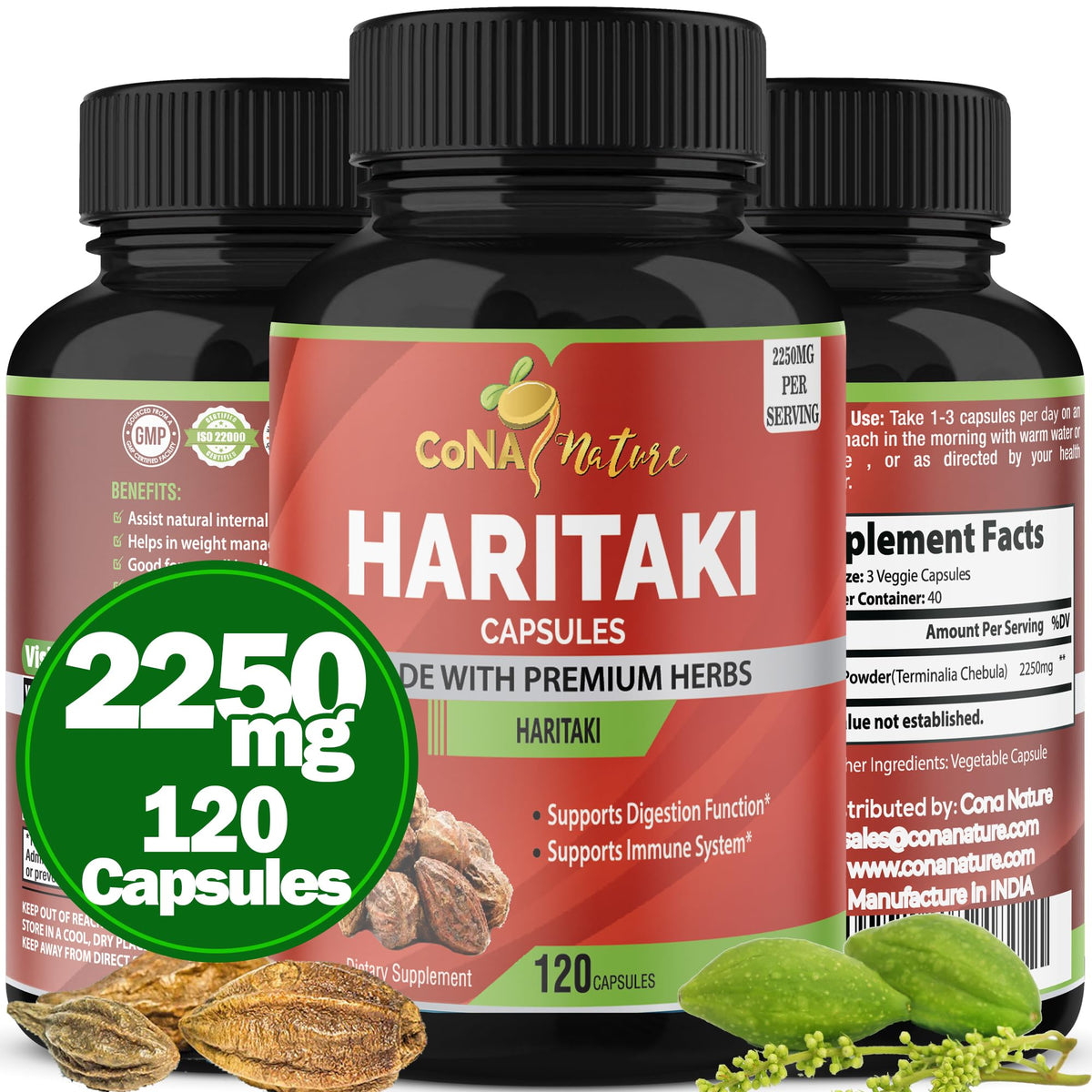 Cona Nature Organic India Haritaki Capsules 2250MG, Rejuvenation, Improving Digestion, Maintains Regularity | Non-GMO Vegan Gluten-Free Herbs and Supplements, 120 Caps - FENGGESTORE20