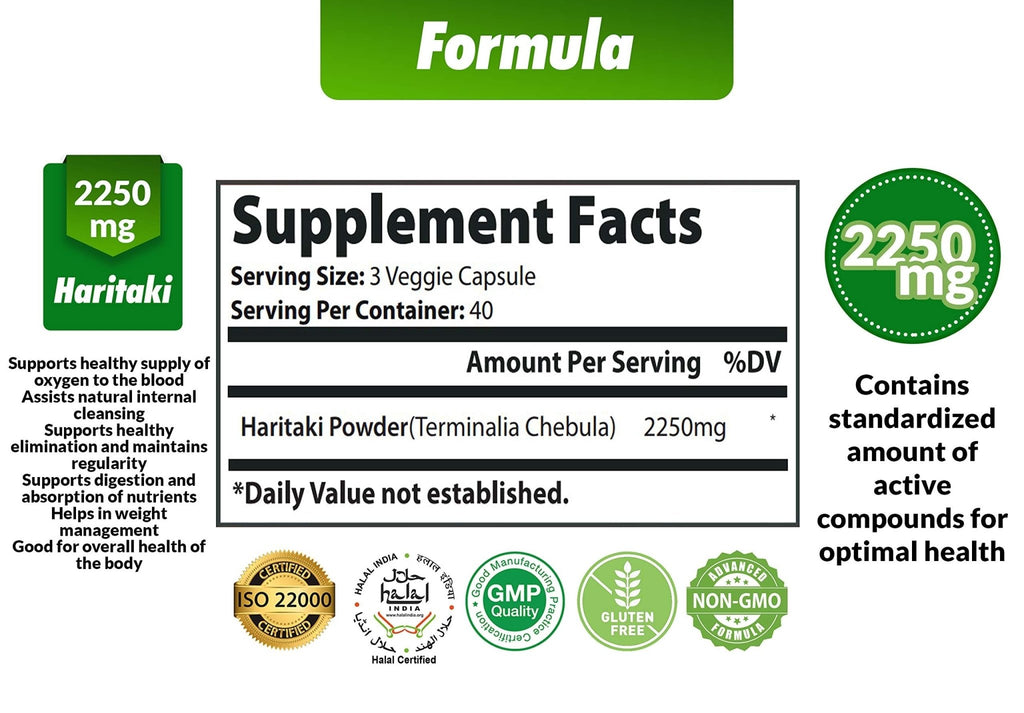 Cona Nature Organic India Haritaki Capsules 2250MG, Rejuvenation, Improving Digestion, Maintains Regularity | Non-GMO Vegan Gluten-Free Herbs and Supplements, 120 Caps - FENGGESTORE20