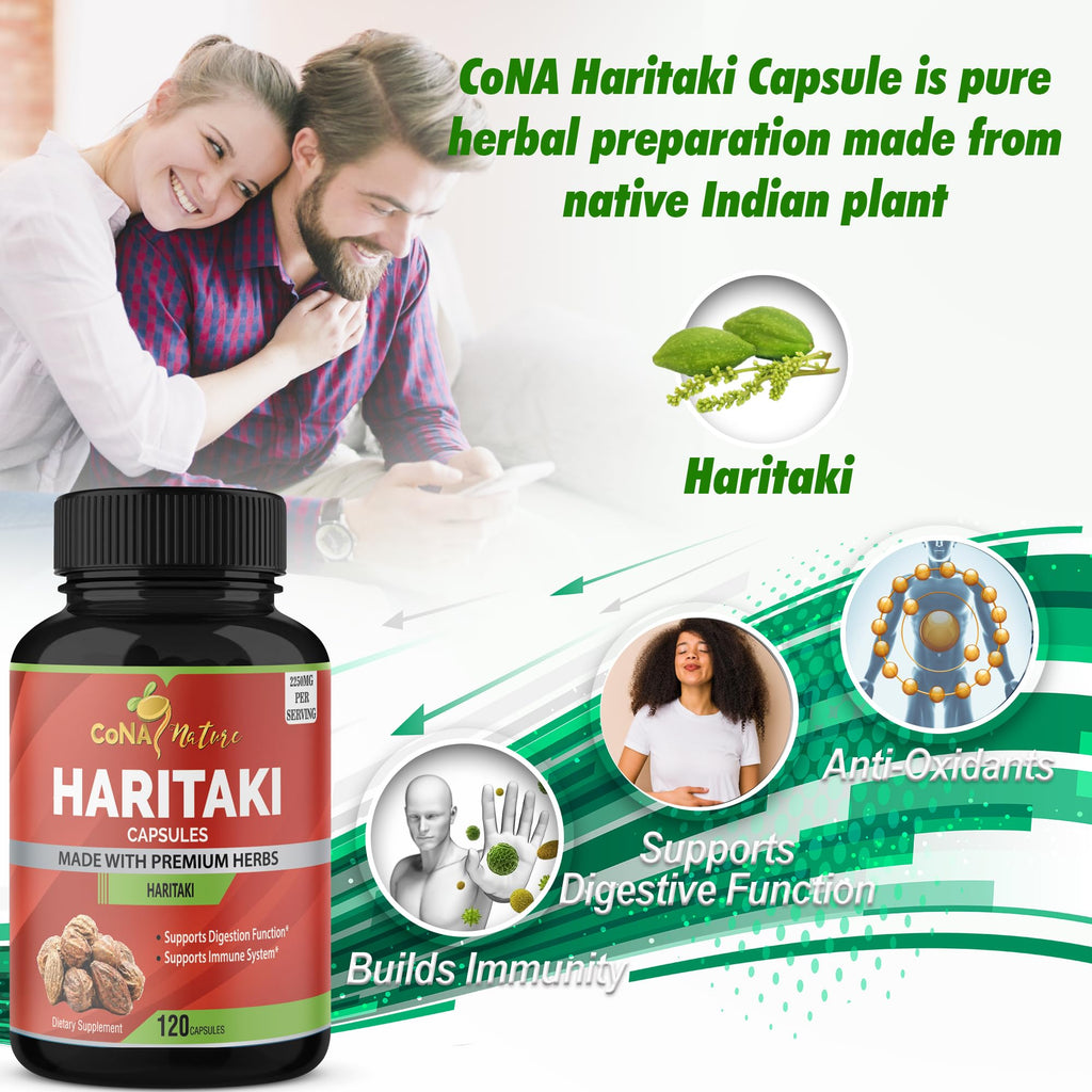 Cona Nature Organic India Haritaki Capsules 2250MG, Rejuvenation, Improving Digestion, Maintains Regularity | Non-GMO Vegan Gluten-Free Herbs and Supplements, 120 Caps - FENGGESTORE20