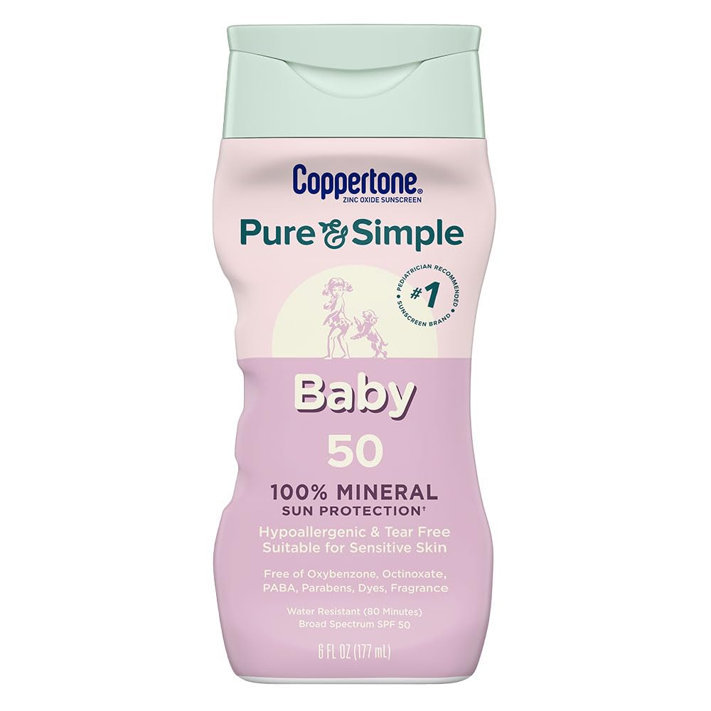 Coppertone Pure and Simple Baby Sunscreen Lotion SPF 50, Zinc Oxide Mineral Sunscreen for Babies, Hypoallergenic and Tear Free, 6 Fl Oz Bottle - FENGGESTORE20