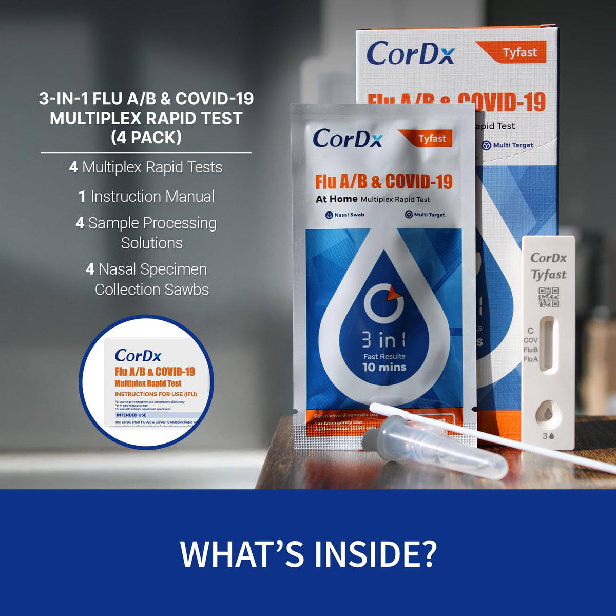 CorDx TyFast Flu A/B & COVID-19 At-Home Multiplex Rapid Test Kit, 3-in-1 Antigen Test, Results in 10 Minutes, EUA Authorized OTC, 4 Tests - FENGGESTORE20