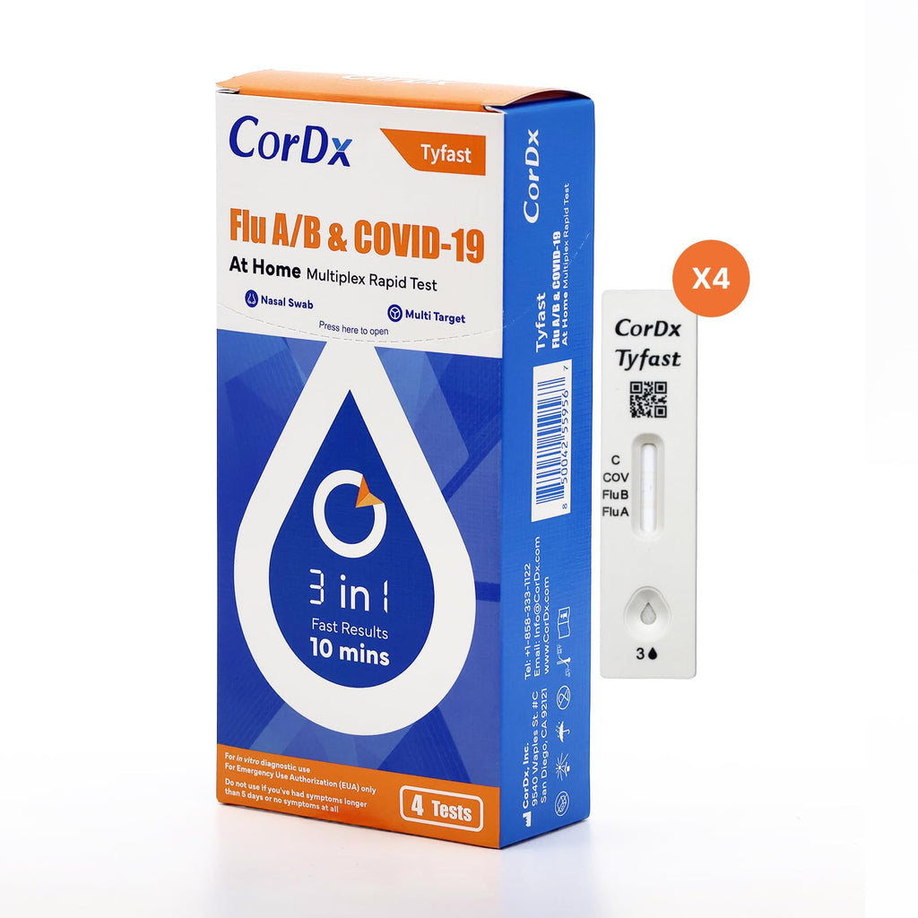 CorDx TyFast Flu A/B & COVID-19 At-Home Multiplex Rapid Test Kit, 3-in-1 Antigen Test, Results in 10 Minutes, EUA Authorized OTC, 4 Tests - FENGGESTORE20