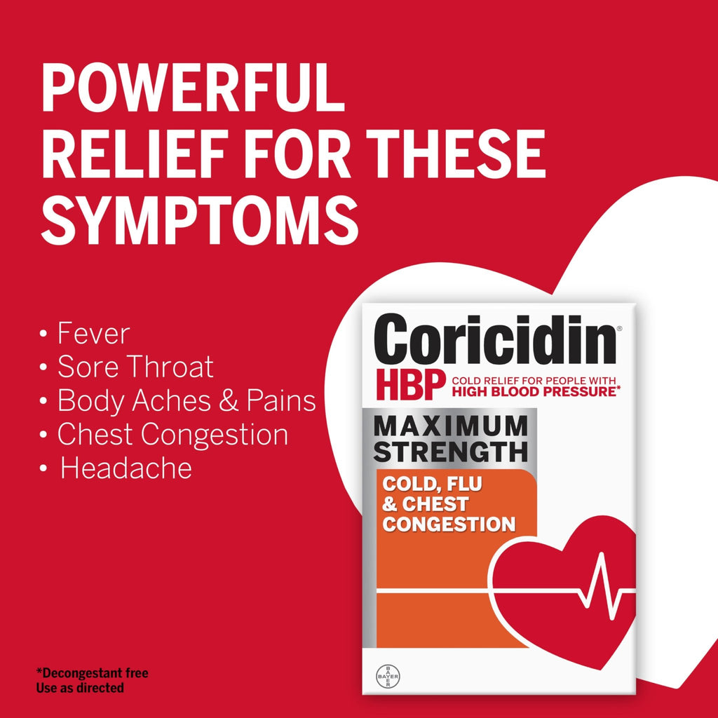 Coricidin HBP, Decongestant-Free Cold Symptom Relief for People with High Blood Pressure, Maximum Strength, Flu & Chest Congestion Liquid Gels, 24 Count - FENGGESTORE20