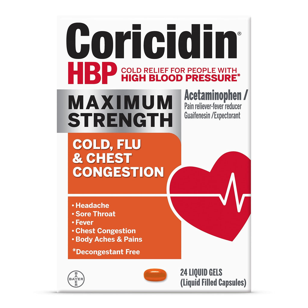 Coricidin HBP, Decongestant-Free Cold Symptom Relief for People with High Blood Pressure, Maximum Strength, Flu & Chest Congestion Liquid Gels, 24 Count - FENGGESTORE20