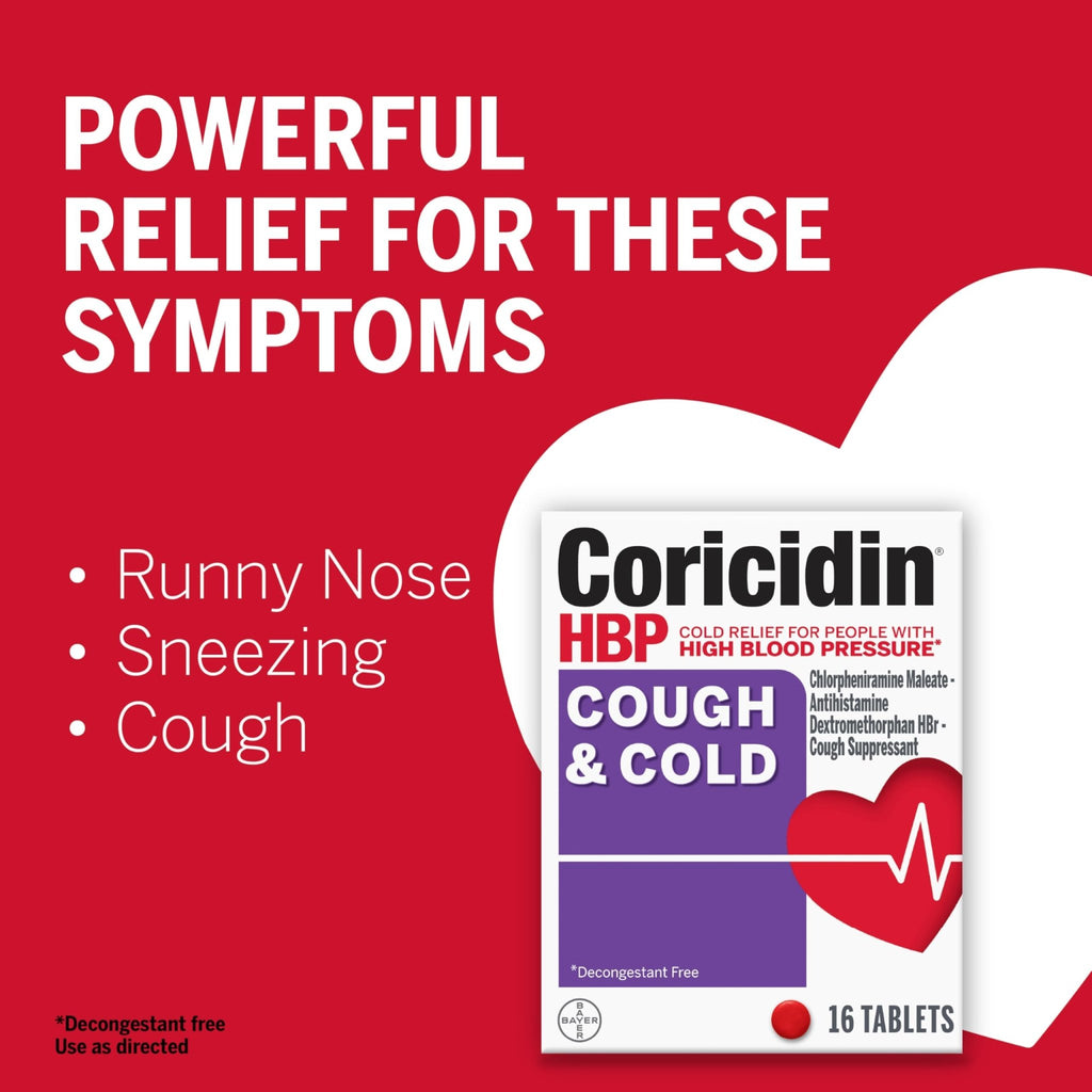 Coricidin HBP Decongestant-Free Cough and Cold Medicine - Specially Designed Relief for High Blood Pressure, Cough, Runny Nose, Sneezing and Cold Symptoms (16 Count) - FENGGESTORE20
