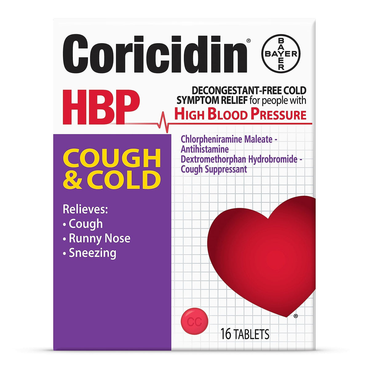 Coricidin HBP Decongestant-Free Cough and Cold Medicine - Specially Designed Relief for High Blood Pressure, Cough, Runny Nose, Sneezing and Cold Symptoms (16 Count) - FENGGESTORE20