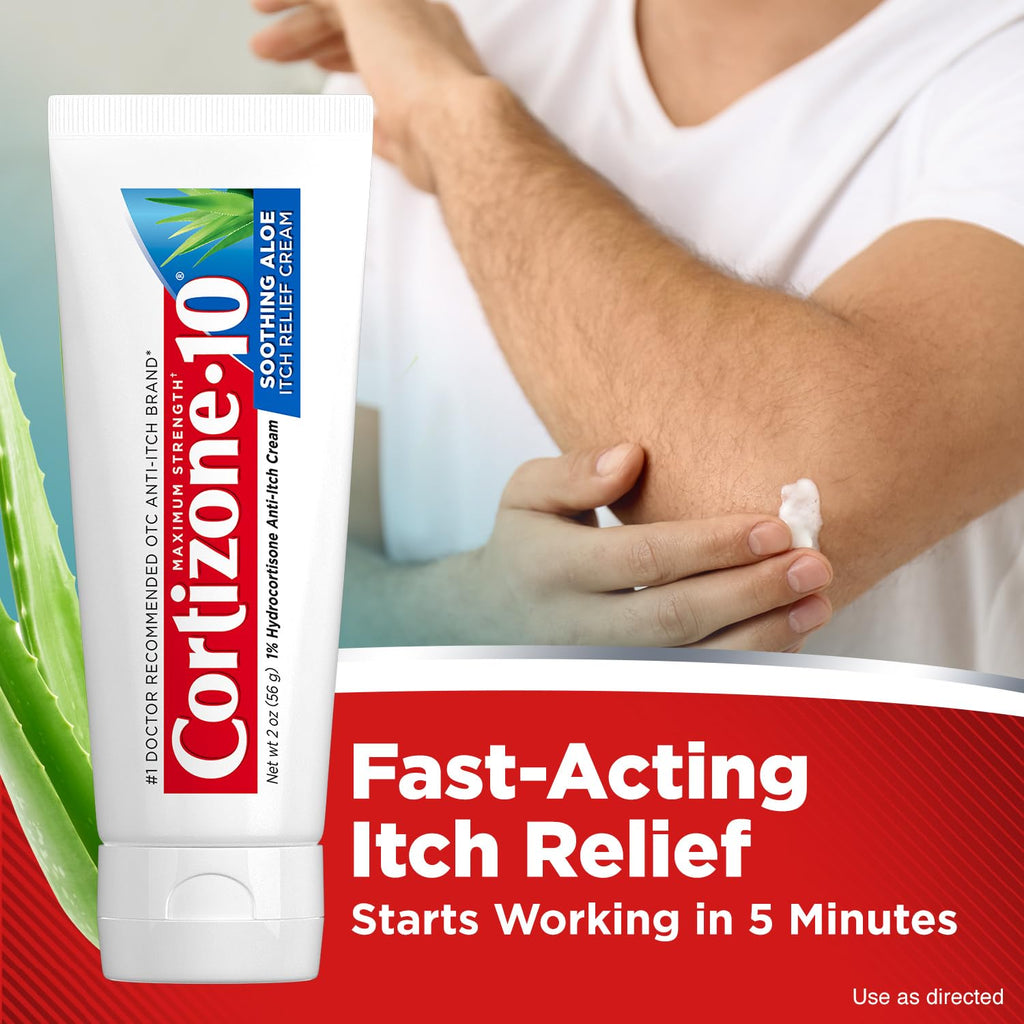 Cortizone-10 Maximum Strength Soothing Aloe Itch Relief Cream, 1% Hydrocortisone, Fast-Acting, Anti-Itch Cream for Bug Bites, Rash, Eczema, Psoriasis, Poison Ivy, Oak, Sumac & More, 2 oz - FENGGESTORE20