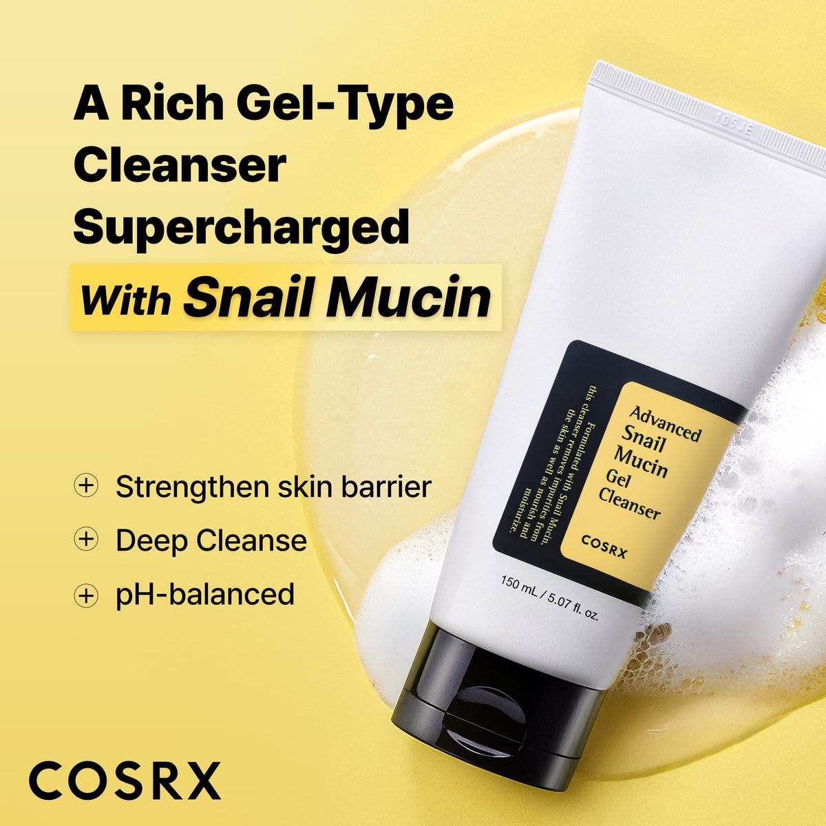 COSRX Advanced Snail Mucin Gel Cleanser, 5.07 Fl Oz / 150 mL, Rich Daily Deep Cleansing Gel for Dry & Sensitive Skin - FENGGESTORE20