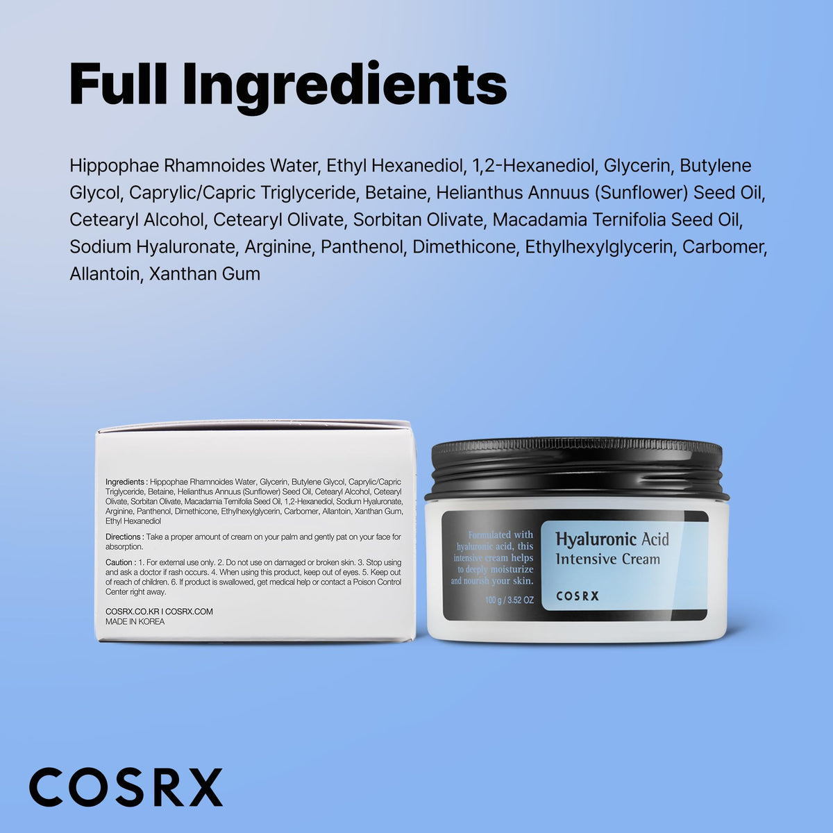 COSRX Hyaluronic Acid Moisturizing Cream, Long-lasting Hydration, Rich Moisturizer for Sensitive Skin 3.52 oz / 100g - FENGGESTORE20
