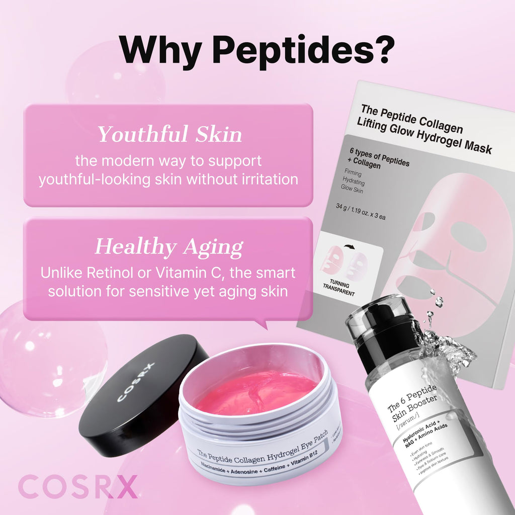 COSRX Pink Peptides Collagen Hydrogel Eye Patch for Puffy Eyes and Dark Circles, Under Eye Mask, 60 Under Eye Patches, Korean Skin Care - FENGGESTORE20