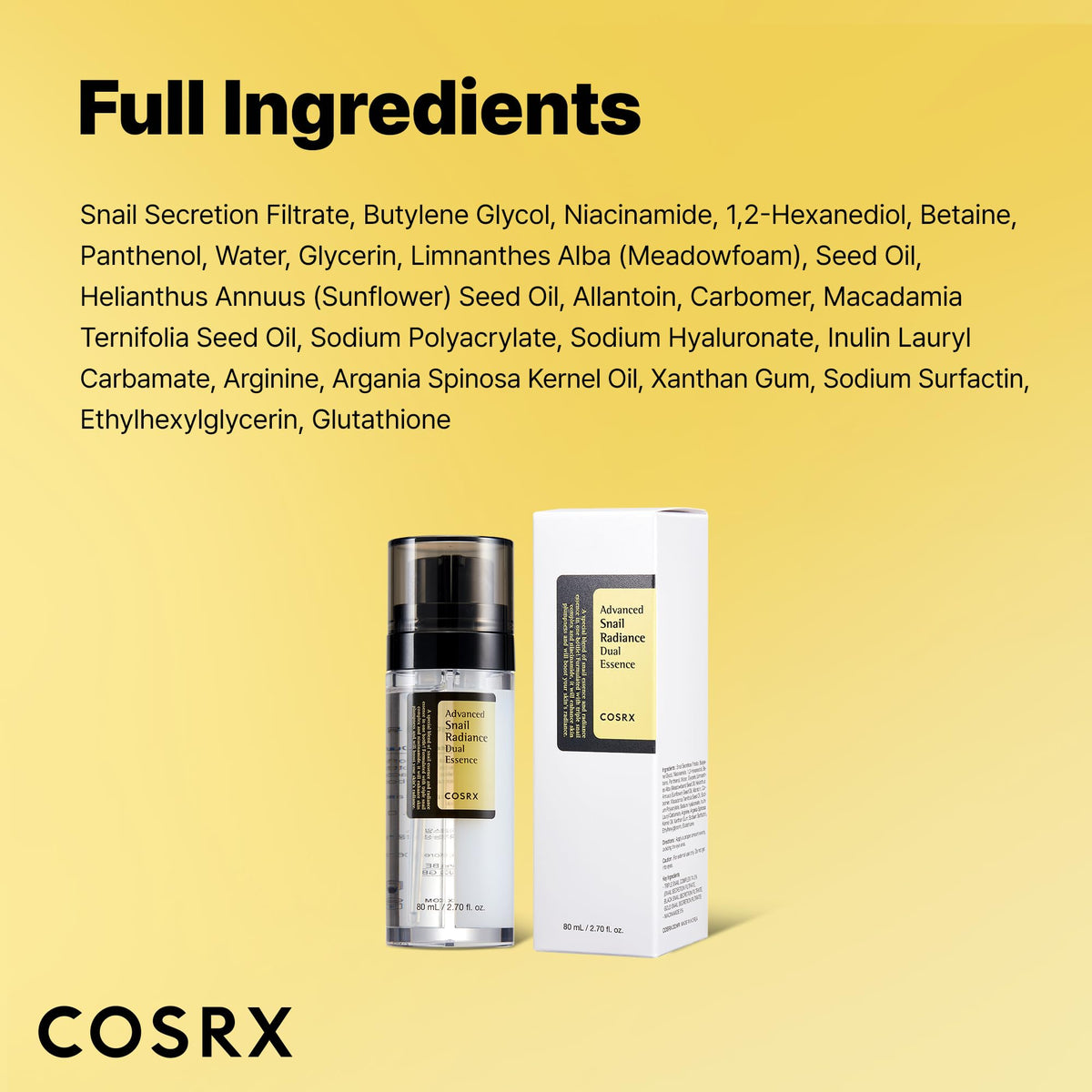 COSRX Snail Mucin 74% + Niacinamide 5% Dual Essence, Anti Aging Face Serum for Dull Skin, Sensitive Skin, Korean Skin Care, 2.70 fl.oz / 80ml - FENGGESTORE20