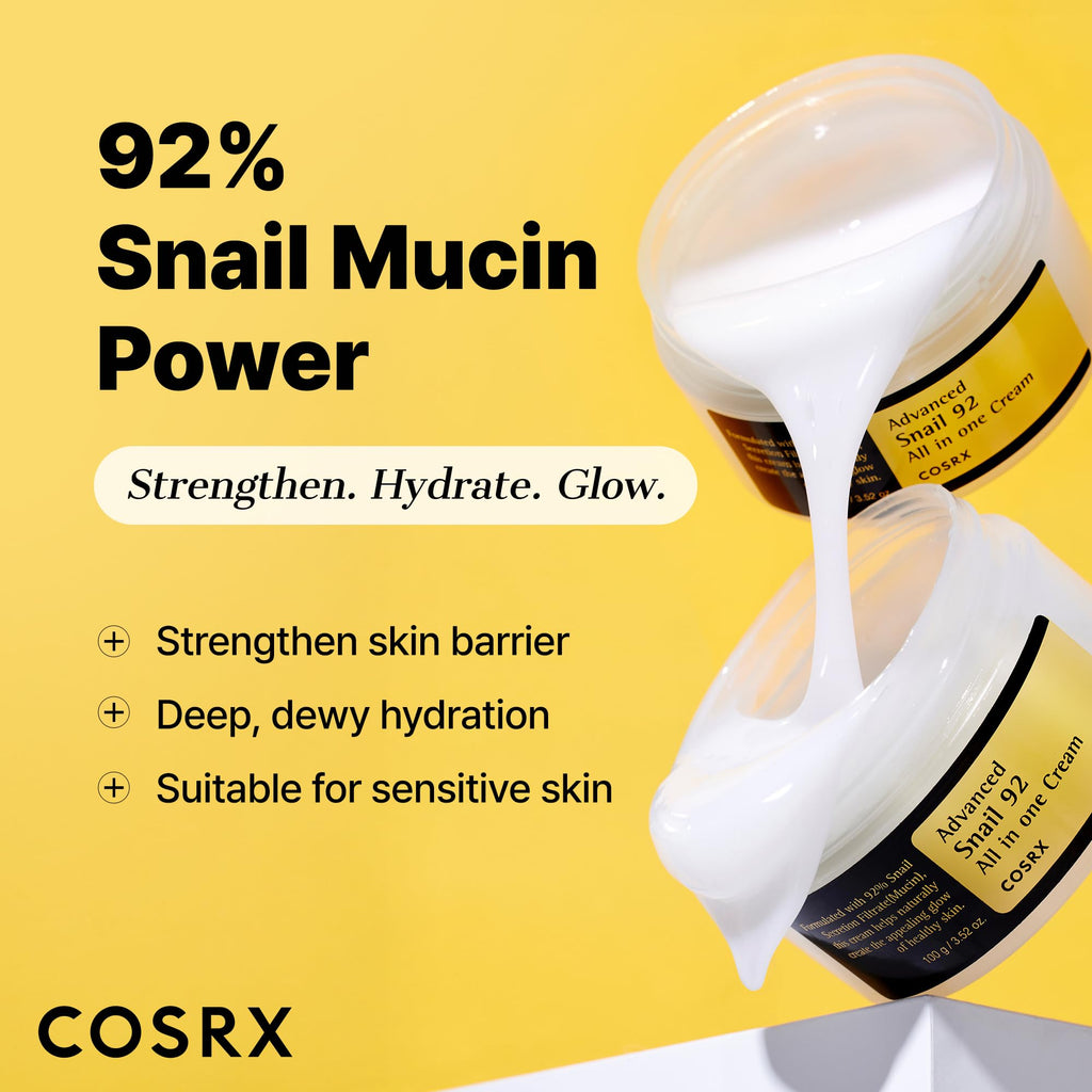 COSRX Snail Mucin 92% Face Moisturizer, 3.52 Oz, Lightweight Moisturing Cream for Soft - FENGGESTORE20