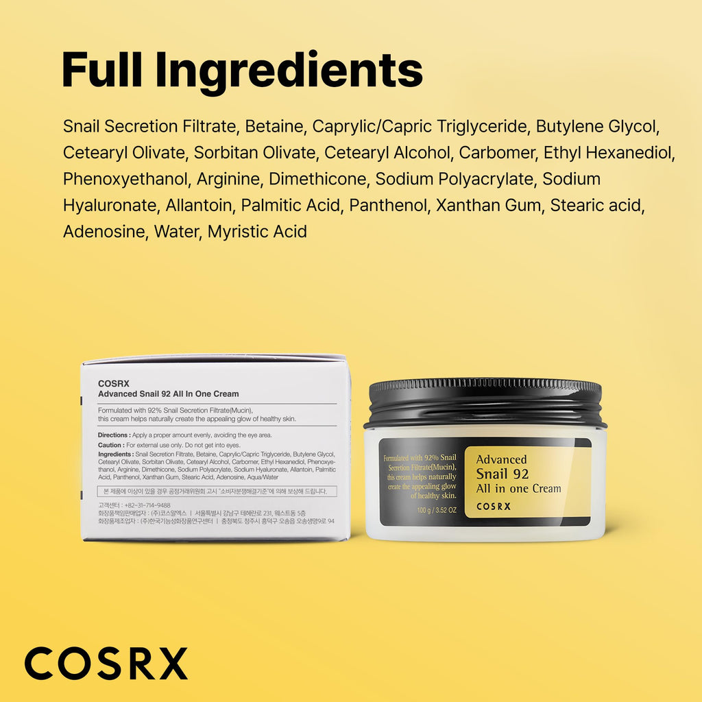 COSRX Snail Mucin 92% Face Moisturizer, 3.52 Oz, Lightweight Moisturing Cream for Soft - FENGGESTORE20