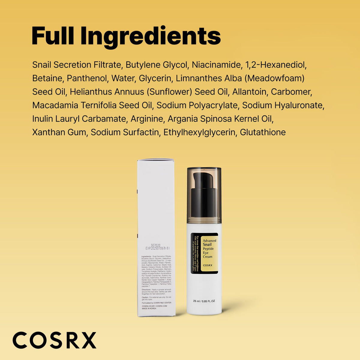 COSRX Snail Mucin Peptide Under Eye Cream, 0.84 fl oz, 73.7% Snail Mucin and Niacinamide, Eye Care - FENGGESTORE20