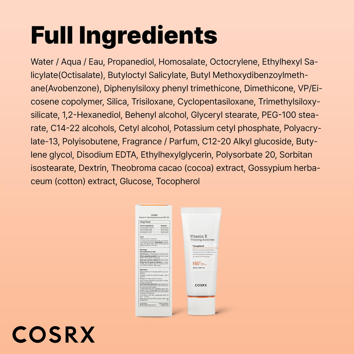 COSRX Vitamin E Vitalizing Sunscreen,SPF 50 Broad Spectrum Face Sunscreen, Lightweight - FENGGESTORE20
