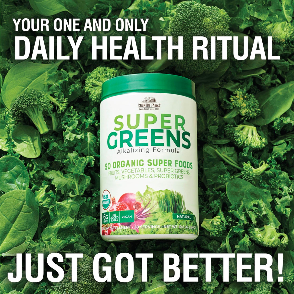 Country Farms Organic Super Greens Natural Flavor, 50 Organic Super Foods, Packed with Fiber, USDA Organic Drink Mix, Fruits, Vegetables, Mushrooms & Probiotics - FENGGESTORE20