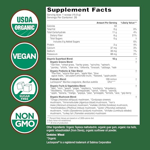 Country Farms Organic Super Greens Natural Flavor, 50 Organic Super Foods, Packed with Fiber, USDA Organic Drink Mix, Fruits, Vegetables, Mushrooms & Probiotics - FENGGESTORE20