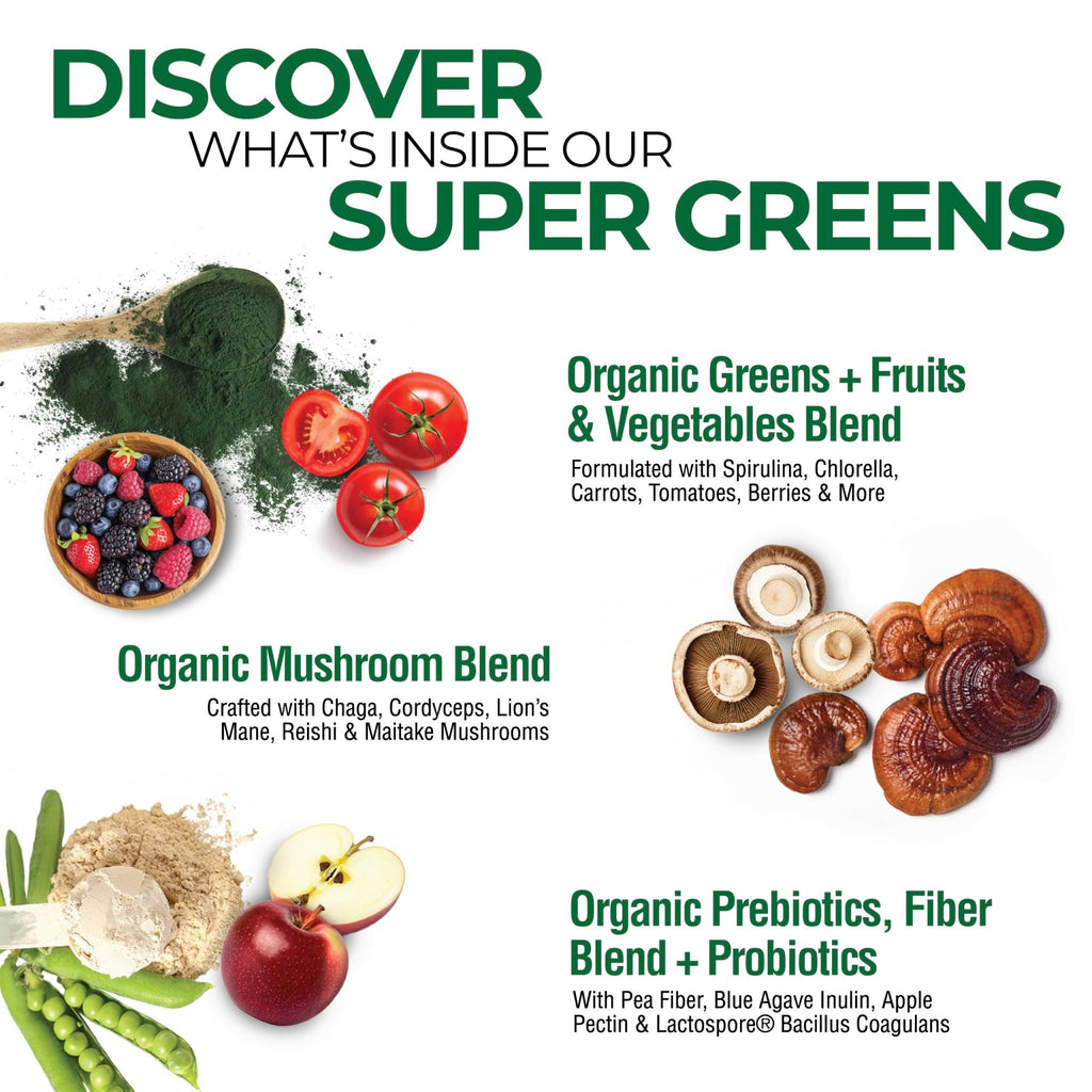 Country Farms Organic Super Greens Natural Flavor, 50 Organic Super Foods, Packed with Fiber, USDA Organic Drink Mix, Fruits, Vegetables, Mushrooms & Probiotics - FENGGESTORE20