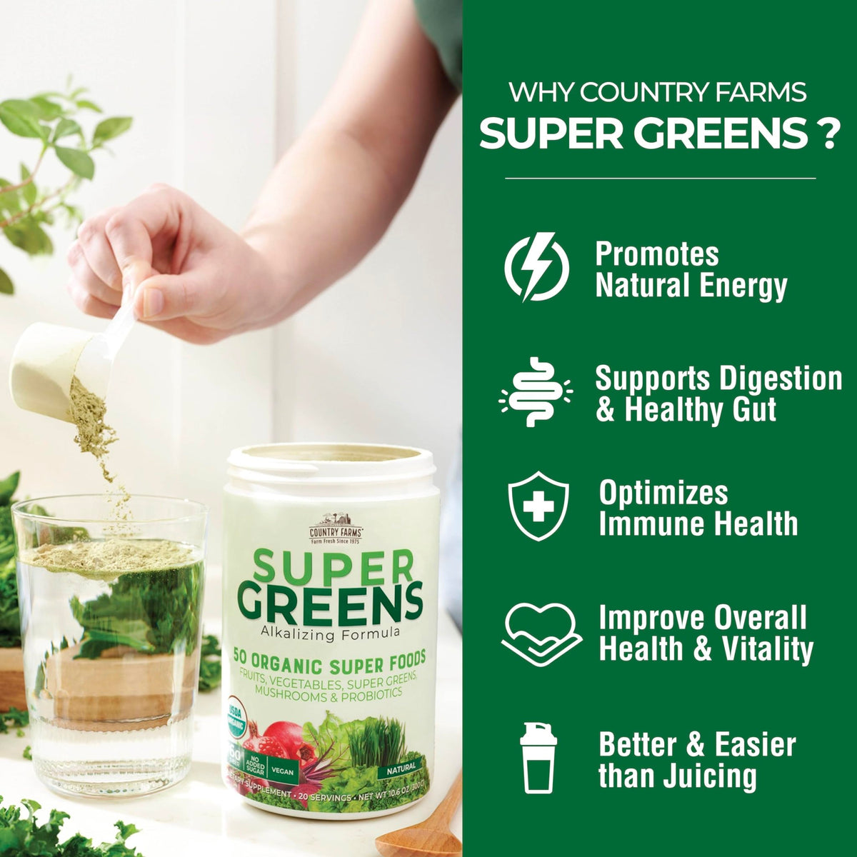 Country Farms Organic Super Greens Natural Flavor, 50 Organic Super Foods, Packed with Fiber, USDA Organic Drink Mix, Fruits, Vegetables, Mushrooms & Probiotics - FENGGESTORE20