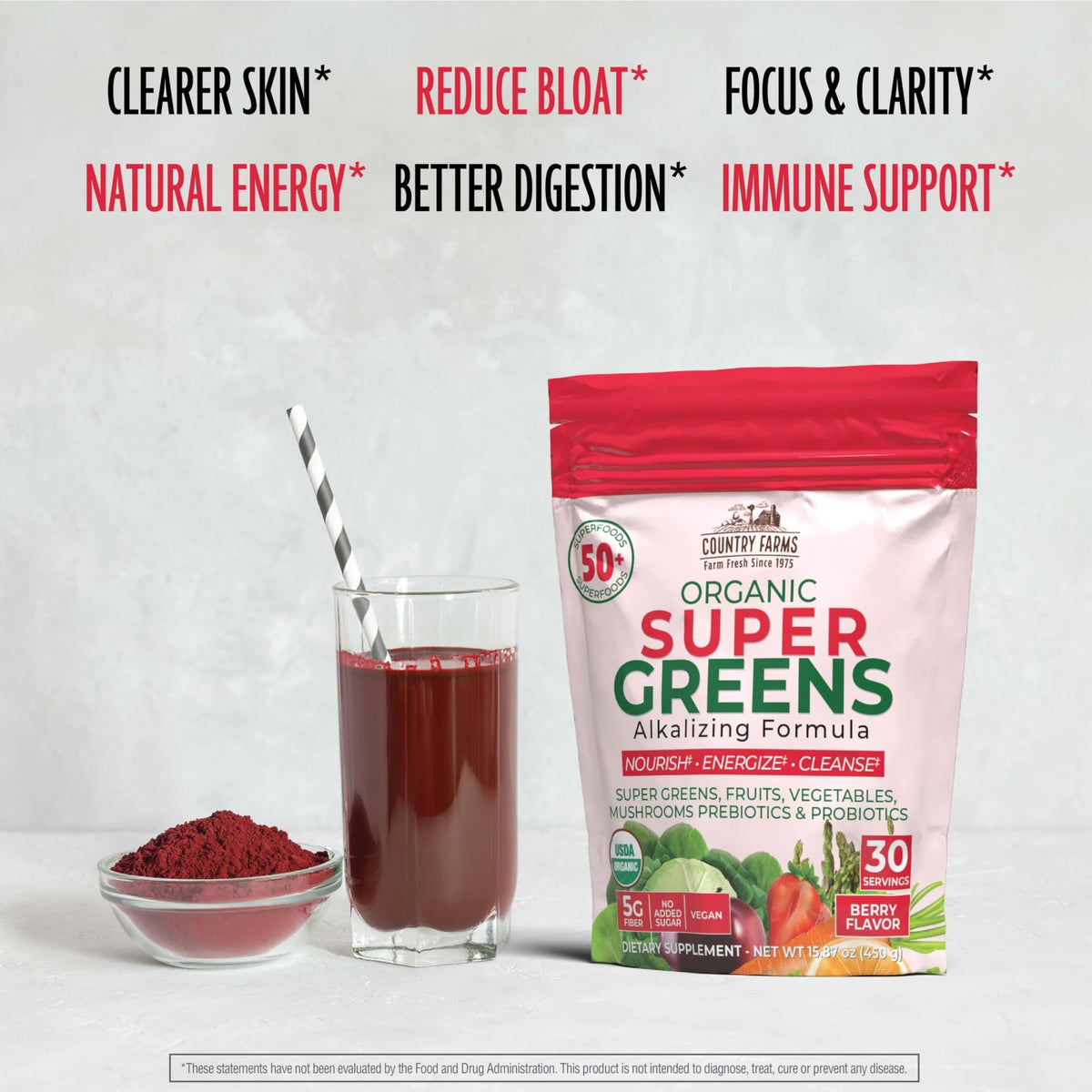 Country Farms Super Greens Berry Flavor, 50 Organic Super Foods, USDA Organic Drink Mix (Wheat Grass, Spirulina, Chlorella) Mushrooms & Probiotics, with Fiber, Gut Health, Natural Energy, 30 Servings - FENGGESTORE20