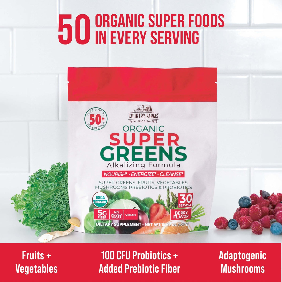 Country Farms Super Greens Berry Flavor, 50 Organic Super Foods, USDA Organic Drink Mix (Wheat Grass, Spirulina, Chlorella) Mushrooms & Probiotics, with Fiber, Gut Health, Natural Energy, 30 Servings - FENGGESTORE20