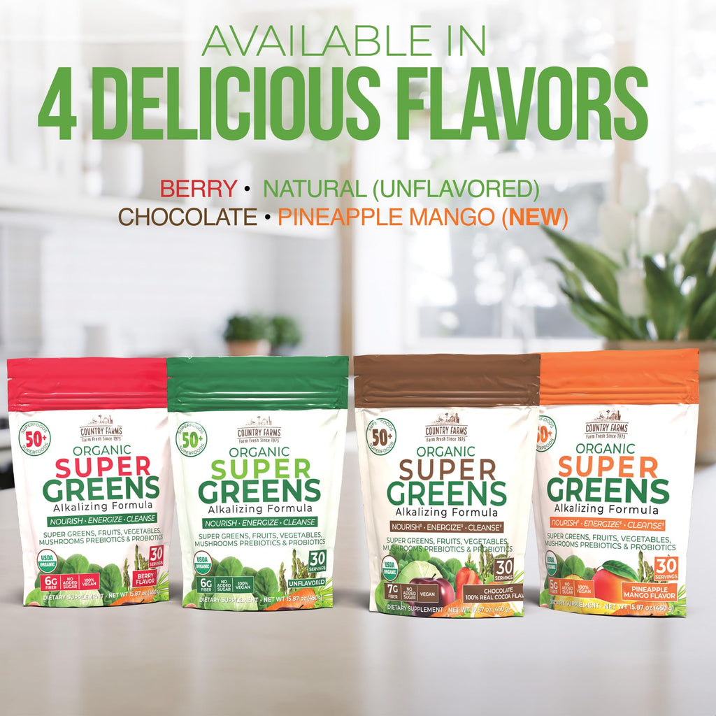 Country Farms Super Greens Berry Flavor, 50 Organic Super Foods, USDA Organic Drink Mix (Wheat Grass, Spirulina, Chlorella) Mushrooms & Probiotics, with Fiber, Gut Health, Natural Energy, 30 Servings - FENGGESTORE20