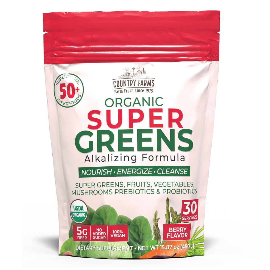 Country Farms Super Greens Berry Flavor, 50 Organic Super Foods, USDA Organic Drink Mix (Wheat Grass, Spirulina, Chlorella) Mushrooms & Probiotics, with Fiber, Gut Health, Natural Energy, 30 Servings - FENGGESTORE20
