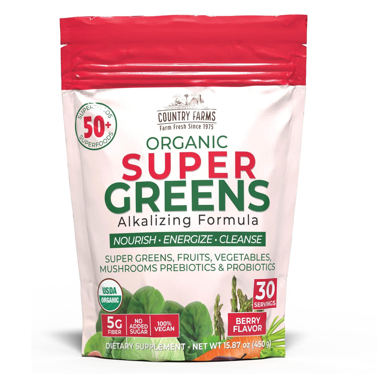Country Farms Super Greens Berry Flavor, 50 Organic Super Foods, USDA Organic Drink Mix (Wheat Grass, Spirulina, Chlorella) Mushrooms & Probiotics, with Fiber, Gut Health, Natural Energy, 30 Servings - FENGGESTORE20