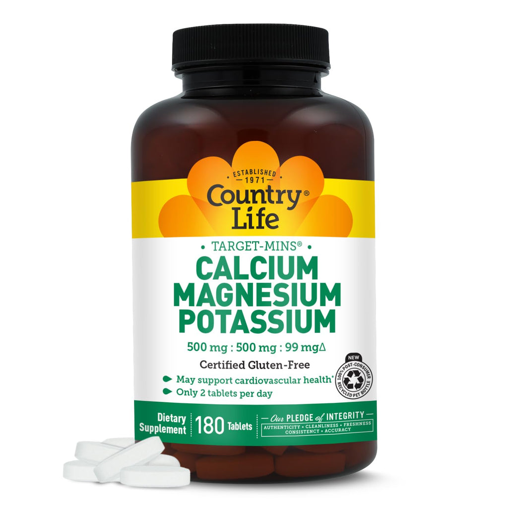 Country Life Target Mins - Calcium Magnesium Potassium Bone & Heart Health Supplement, 1000mg Calcium, 500mg Magnesium, Supports Calcium Utilization - FENGGESTORE20